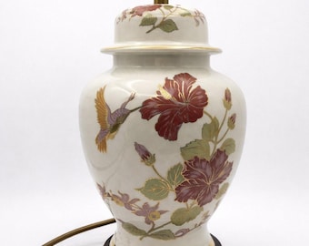 Vintage Ceramic Table Lamp Floral Bird Chinoiserie Oriental Style Wood Base