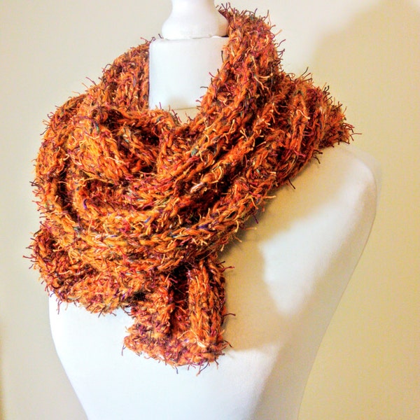 Ready To Ship Hand Made Knitted Orange Metallic Fleck Knitted Long Wool/Cotton Scarf/Wrap/Shawl