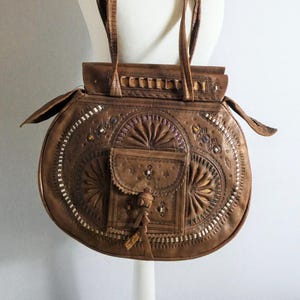 Tan Moroccan Leather Shoulder Bag – Boho Tooled Festival Handbag, Bohemian Hippie Purse