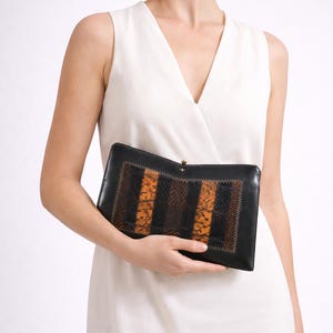 Vintage Elbief Black Leather Patchwork Clutch Bag – 1970s Retro Shoulder Handbag