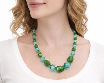Vintage 1960s Green Glass Bead Necklace Mid Century Retro Statement Jewellery 57cm