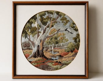 Tapiz enmarcado vintage con bordado de paisaje y escena de árbol para decoración de pared