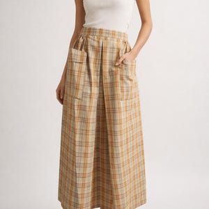 Sportleigh London Vintage Tan Blue Plaid Midi Skirt Check Pattern UK Size 12