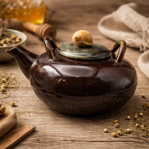 May include: A brown ceramic teapot with a lid and two handles. The lid is topped with a decorative wooden spiral. The teapot is on a wooden surface, with dried herbs and a bowl in the background.
