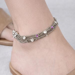 Boho Silver-Tone Multi Chain Anklet, Enamel Charm, 9.5 Inch