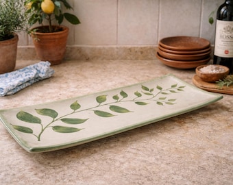 Portuguese Ceramic Serving Tray – White and Green Olive Bruschetta Crudités Platter
