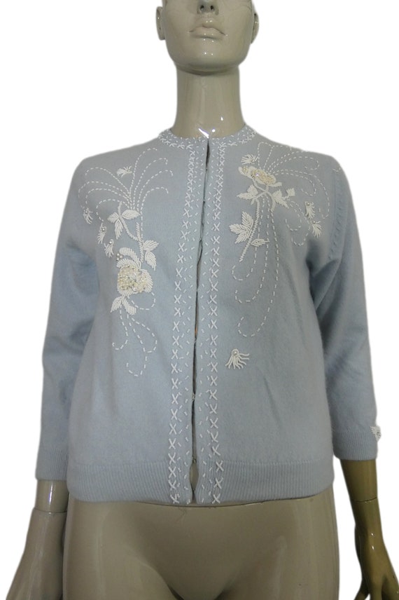 Vintage 1950s Baby Blue Cardigan Sequin Beaded Sw… - image 3