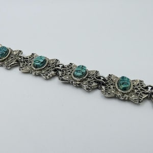 Vintage Egyptian Revival Scarab Bracelet | Silver Tone & Faux Turquoise | Mid Century Linked Beetle Jewelry | Gift for Her