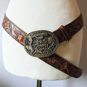 Vintage Tooled Leather Belt: Solid Brass Eagle Buckle, Western Cowboy Style
