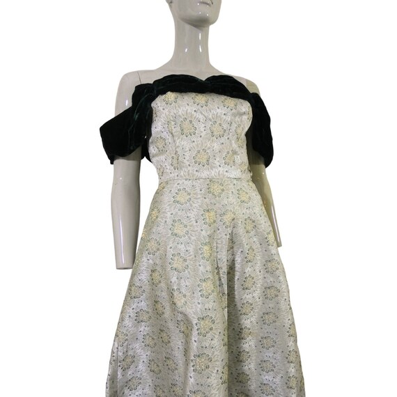 Green & Gold Dress Vintage Floral Brocade Velvet … - image 9