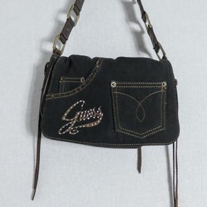 GUESS Y2K Black Denim Handbag – Rhinestone Logo, Suede Fringe, Vintage 2000s Purse