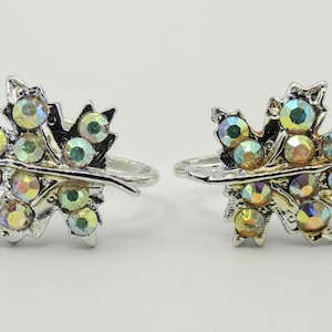 Vintage Maple Leaf Earrings: AB Crystal Rhinestones, Silver Tone, 1950s Retro Style