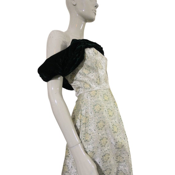 Green & Gold Dress Vintage Floral Brocade Velvet … - image 4