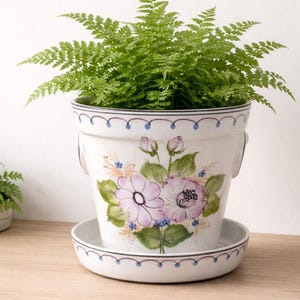 Large Portuguese Ceramic Plant Pot & Saucer Hand Painted Floral Made in Portugal