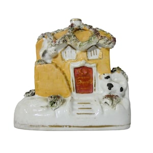 Antique Staffordshire Pottery 1850s Victorian Flat Back Pastille Burner – Dog & Cat Mantle Ornament, Cottage House Figurine