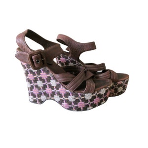 Rare 90s Miu Miu Prada Strappy Wedge Sandals – Brown Pink Nappa & Tweed, Vintage Italian Designer Shoes, Size 40, Boxed + Dust Bag