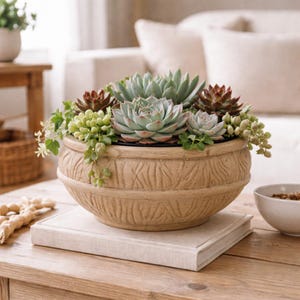 May include: A beige ceramic planter with a patterned design, containing a variety of succulents. The arrangement features green, red, and blue-green succulents, with trailing green foliage. The planter rests on a light-coloured book on a wooden table.