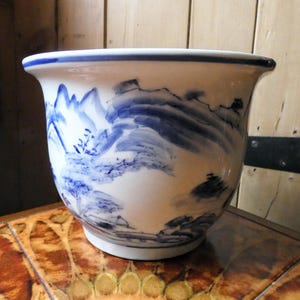Vintage Blue White Japanese Chinese Ceramic Plant Pot – Hand Painted Jardiniere Planter