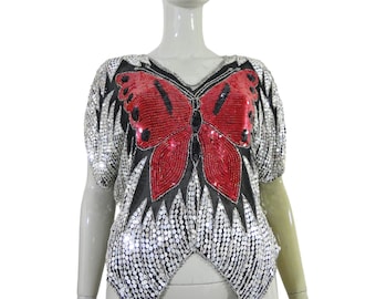 Top papillon Kumar rouge noir argent paillettes 100 % soie bohème vintage taille unique