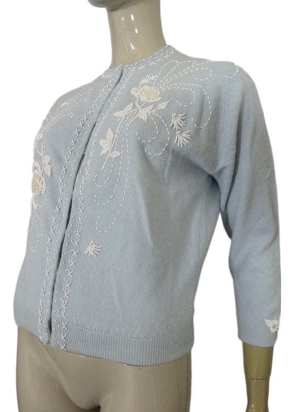 Vintage 1950s Baby Blue Cardigan Sequin Beaded Sw… - image 1