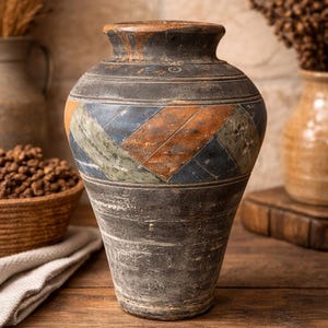 Könnte beinhalten: Eine dunkelgraue Keramikvase mit einem breiten, bauchigen Körper und einem schmalen Hals. Der obere Bereich ist mit einem dekorativen Band aus diagonalen, ineinandergreifenden rechteckigen Mustern in gedecktem Orange, Blau und Grün verziert.