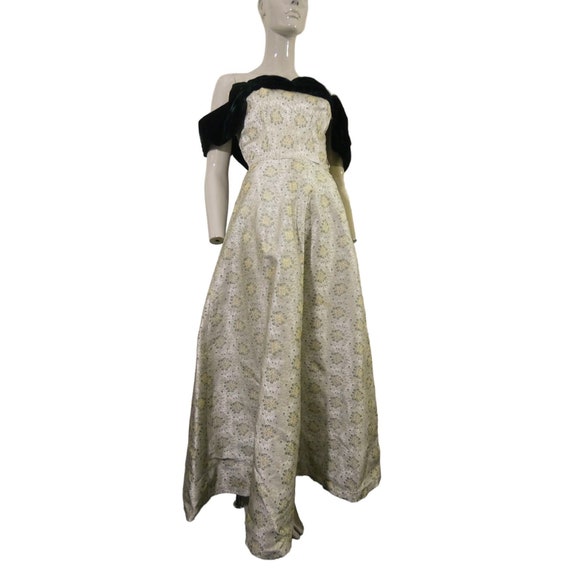 Green & Gold Dress Vintage Floral Brocade Velvet … - image 1