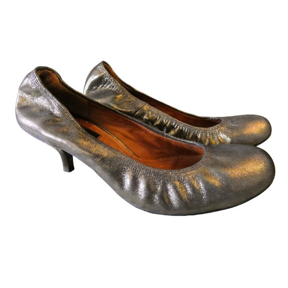 Lanvin Paris Shoes Bronze Metallic Kitten Heel Bal
