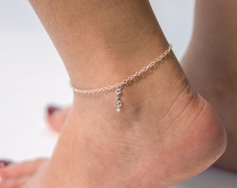 Sterling Silver Treble Clef Anklet, Dainty Musician Jewelry