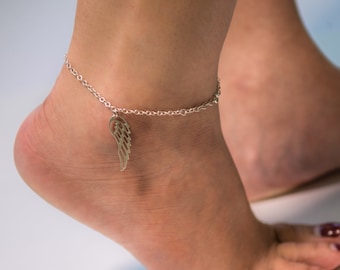 Sterling Silver Angel Wing Anklet, Boho Beach Jewelry , Summer Anklet