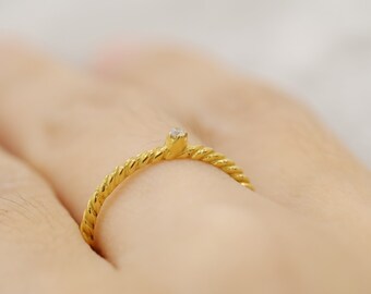 Dainty Gold Braid Ring: Minimalist CZ Sterling Silver
