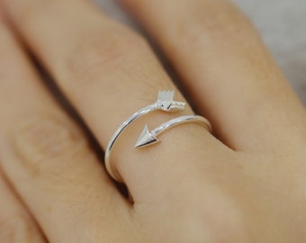 Sterling Silver Sideways Arrow Ring, Adjustable Double Wrap