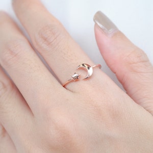 Sterling Silver Open Moon And Star ring,Rose Gold Moon Ring,Crescent moon,Love you to the moon ring,Celestial Ring,Adjustable wrap ring