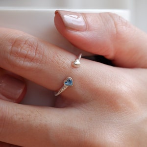 Sterling Silver Open Adjustable Heart Ring,Heart Aquamarine ring,Christmas gift,March Birthstone Ring,Promise Ring,Natural Aquamarine ring
