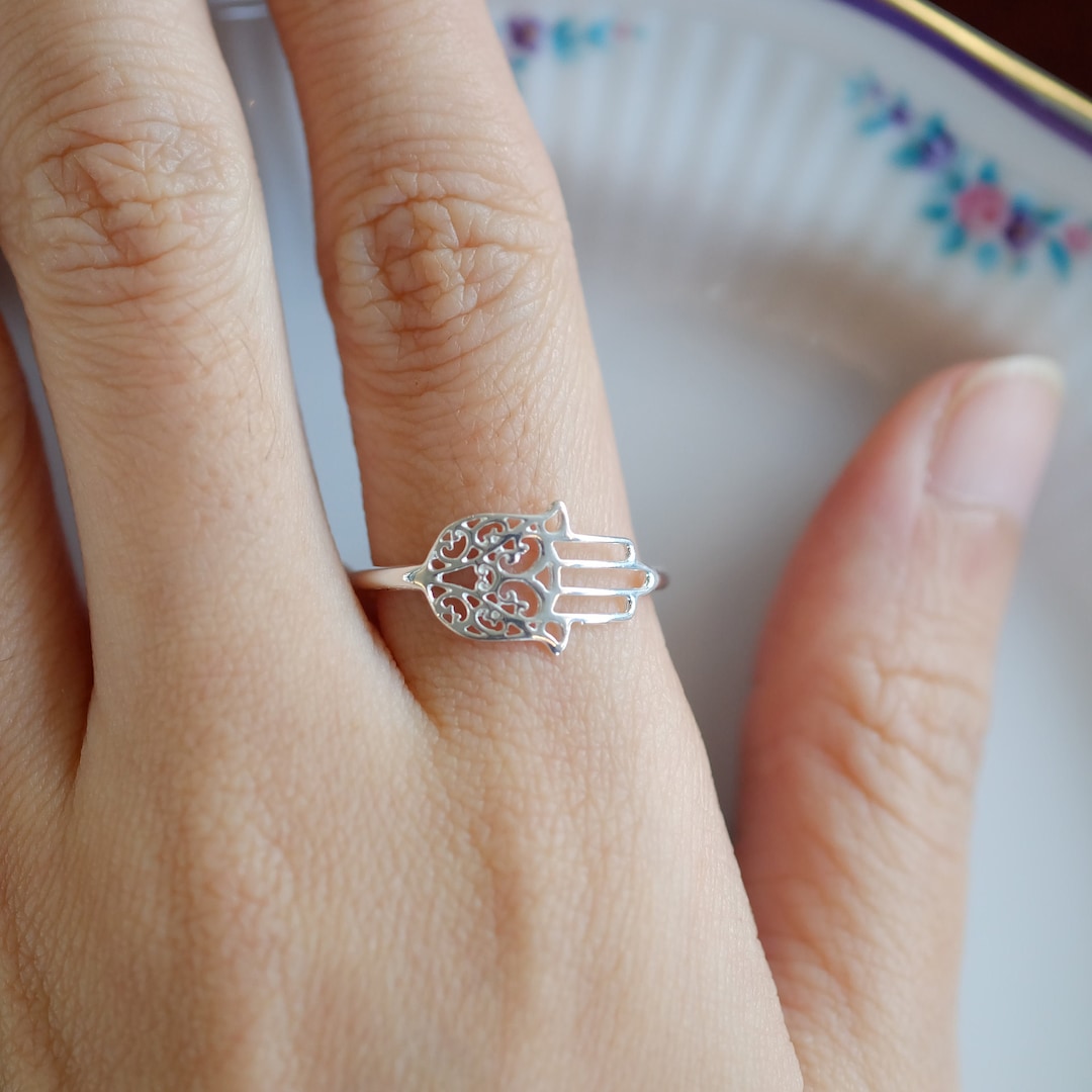 Simulated Garnet Hamsa Hand Ring - .925 Sterling Silver Solitaire Band, Sizes 4-10, Symbolic Jewelry