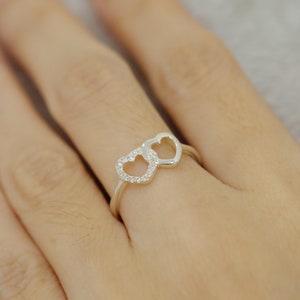 Sterling Silver Double Heart CZ Ring,Women&#39;s Gift,Interwined Heart Silver Ring,Anniversary Ring,Engagement Fashion Ring,Heart Ring