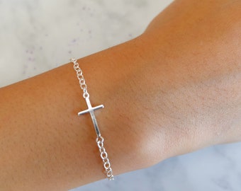 Sterling Silver Dainty Cross Bracelet , Sideways Cross Bracelet , Minimalist Bracelet , Christian Jewelry , Silver Cross Jewelry