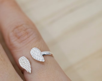 Anillo de alas de ángel de plata de ley: joyería conmemorativa ajustable, alas de ángel de la guarda