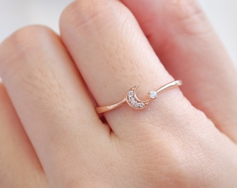 Sterling Silver CZ Crescent Moon Ring, Celestial Stacking Jewelry