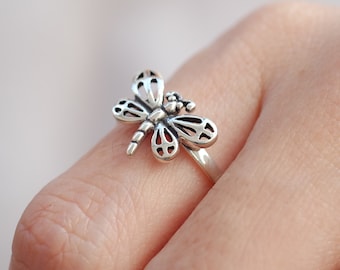 Sterling Silver Dragonfly Ring: Boho Nature Jewelry , Insect Ring
