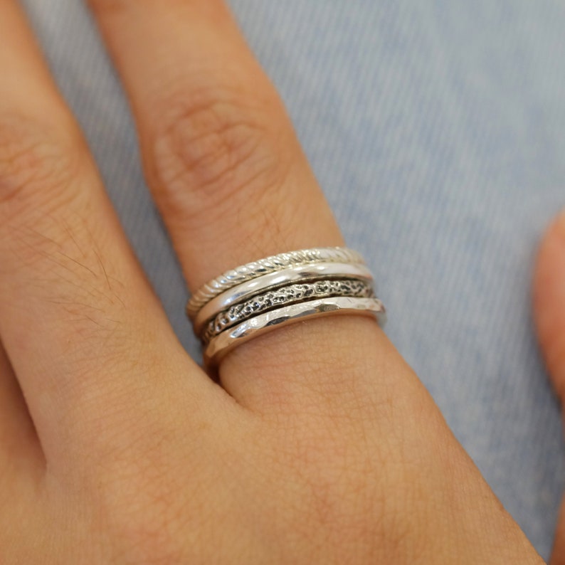Sterling Silver Stacking Ring Set,Textured Ring Set,Textured Rings,Hammered Ring,Twisted Ring,Boho Ring Set,Multi Texture,Simple Rings Set