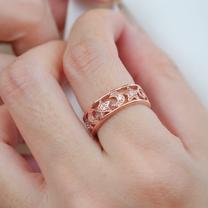 Sterling Silver Moon Star CZ Ring - Celestial Wedding Band , Universe ring