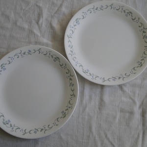 May include: Two white ceramic dinner plates with a delicate floral design in shades of gray and blue. The plates have a simple, elegant design.
