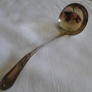 Puede incluir: Un cucharón de plata con un diseño adornado en el mango. El cucharón tiene un acabado brillante y pulido.