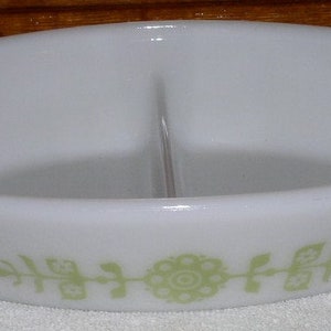 1960s Vintage Glasbake J2352 Milk Glass GREEN FLORAL Pattern Divided Casserole