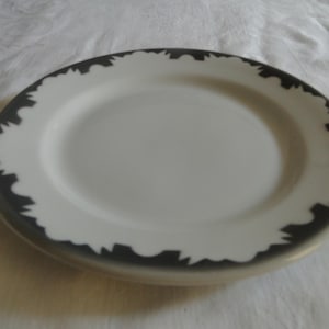 May include: A white ceramic plate with a dark gray, jagged edge design. The plate has a smooth, glossy surface and a slightly raised rim. The design is a repeating pattern around the edge of the plate.