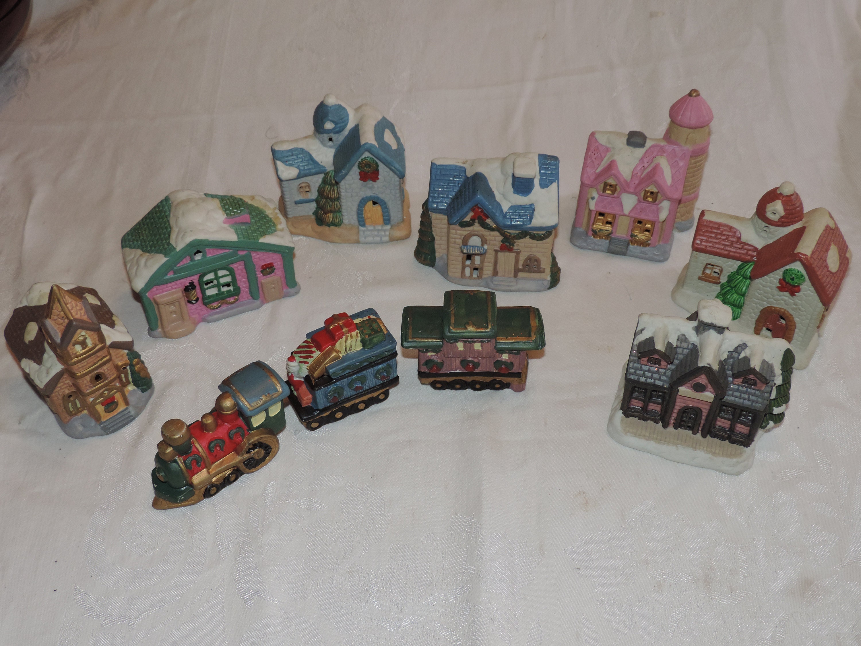 10 Piece Ceramic Christmas Village with Train - Lighting Not Included