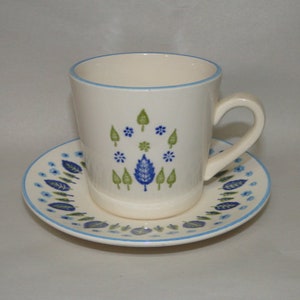 Puede incluir: Una taza de té y un platillo de cerámica blanca con un patrón floral azul y verde. La taza tiene un asa y el platillo tiene un borde festoneado.