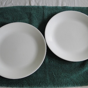 Pode incluir: Dois pratos de jantar de cerâmica branca sobre uma toalha verde.