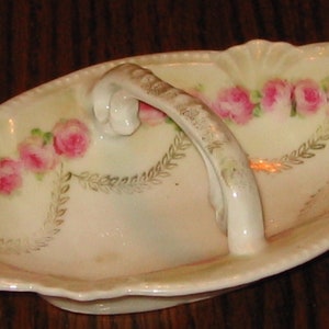 Vintage Porcelain Handled Dish / Bowl - Pink Roses - Unmarked