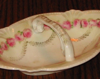Vintage Porzellan Griffschale / Schüssel - Rosa Rosen - Nicht gekennzeichnet